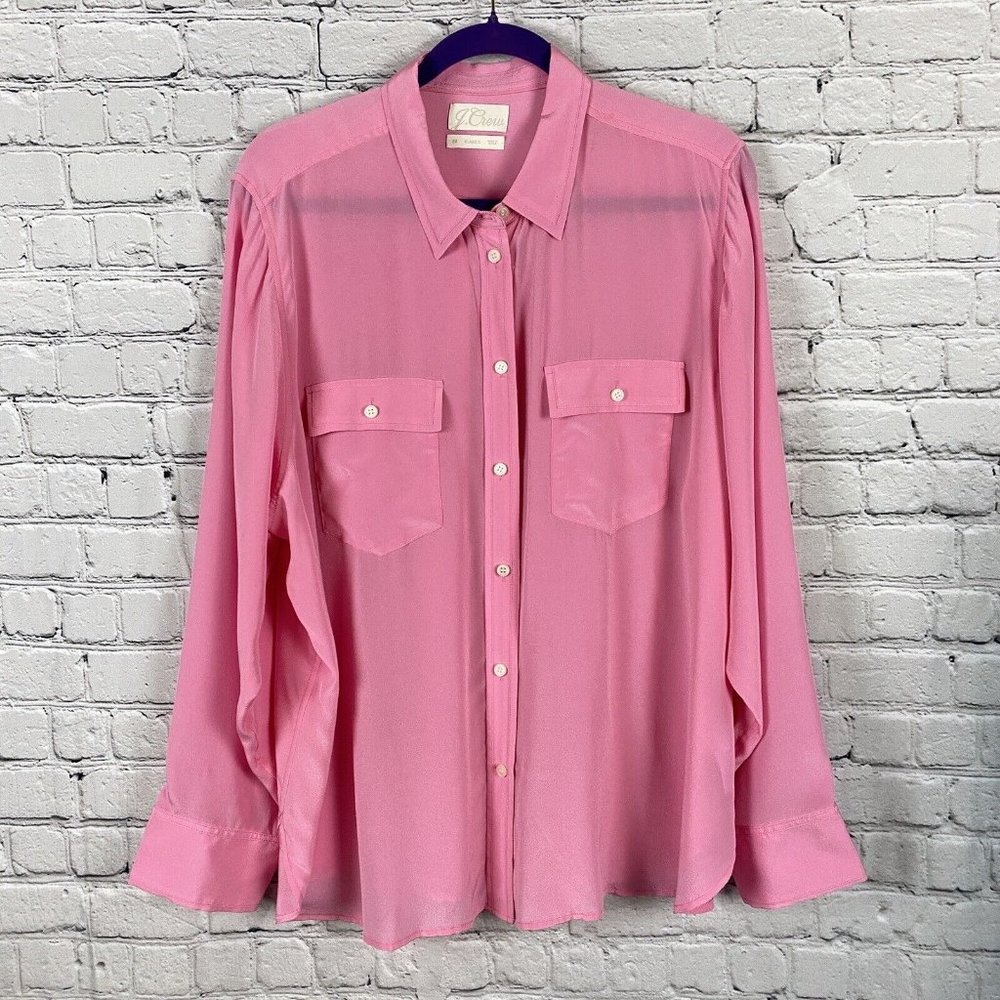 J Crew Classic Fit Silk Shirt Pink Womens Plus Size 22 Long Sleeve Chest Pockets